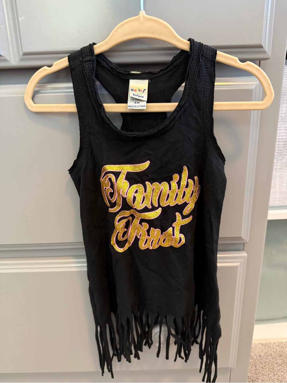 Kids' Black Fringe racerback Top with 'Family First' Graphic 6m